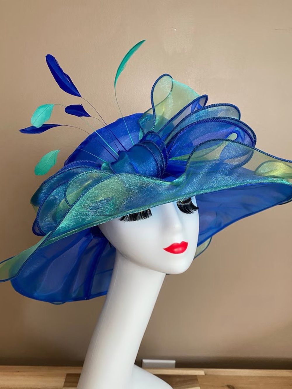 NWT SHIPS TODAY! Derby hat wide brim organza royal blue and green with bow - Picture 3 of 4